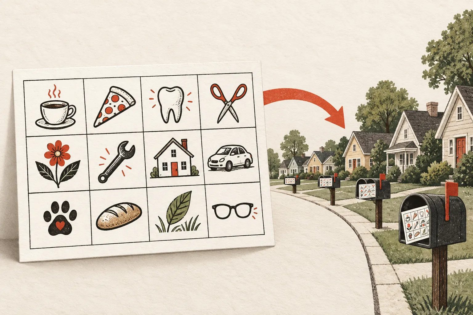 Twelve local business ad spaces share one landscape postcard, which is delivered to mailboxes throughout a neighborhood.