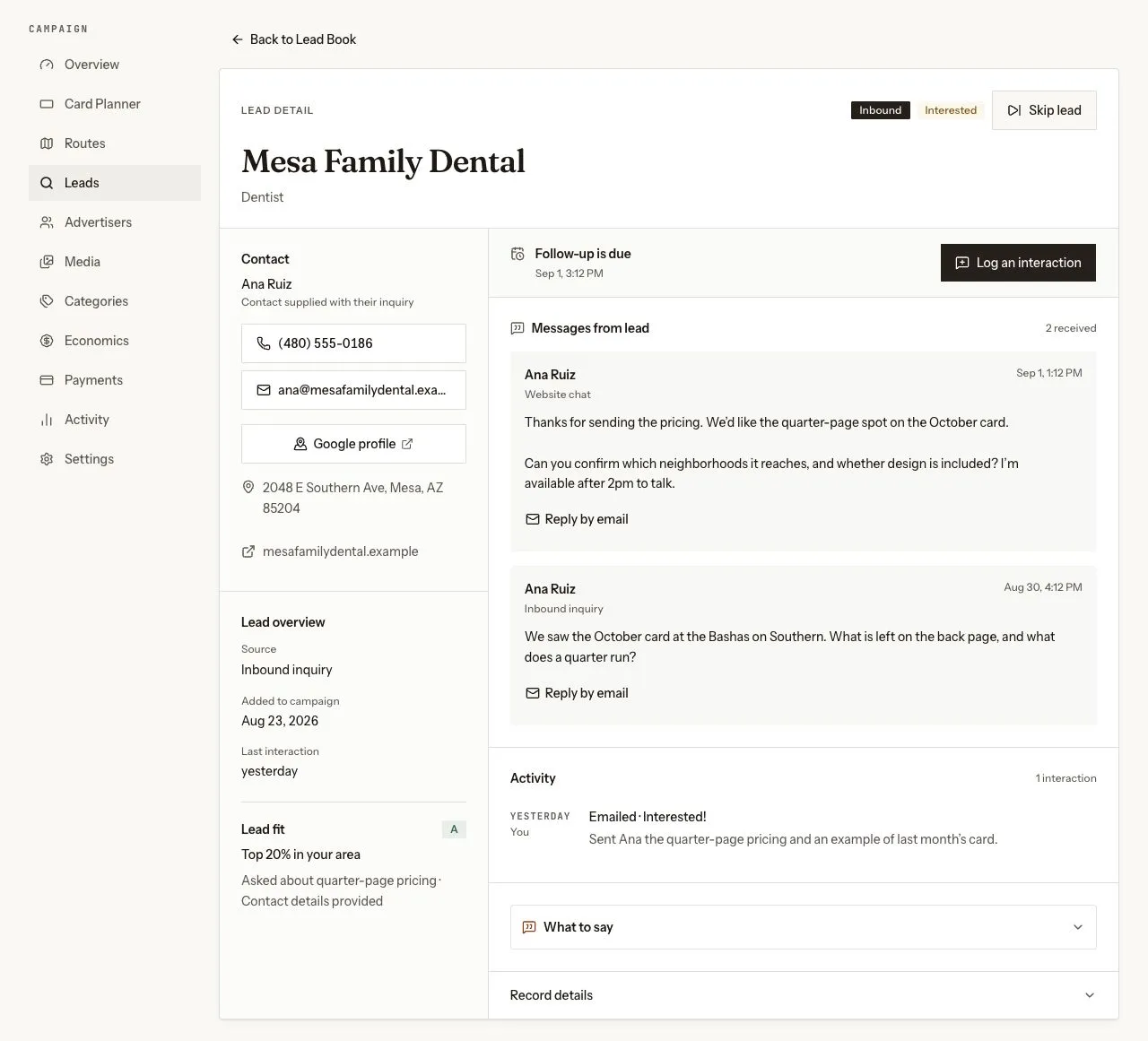 9x12 Tools lead record showing contact details, a due follow-up, two inbound inquiries and logged outreach together.