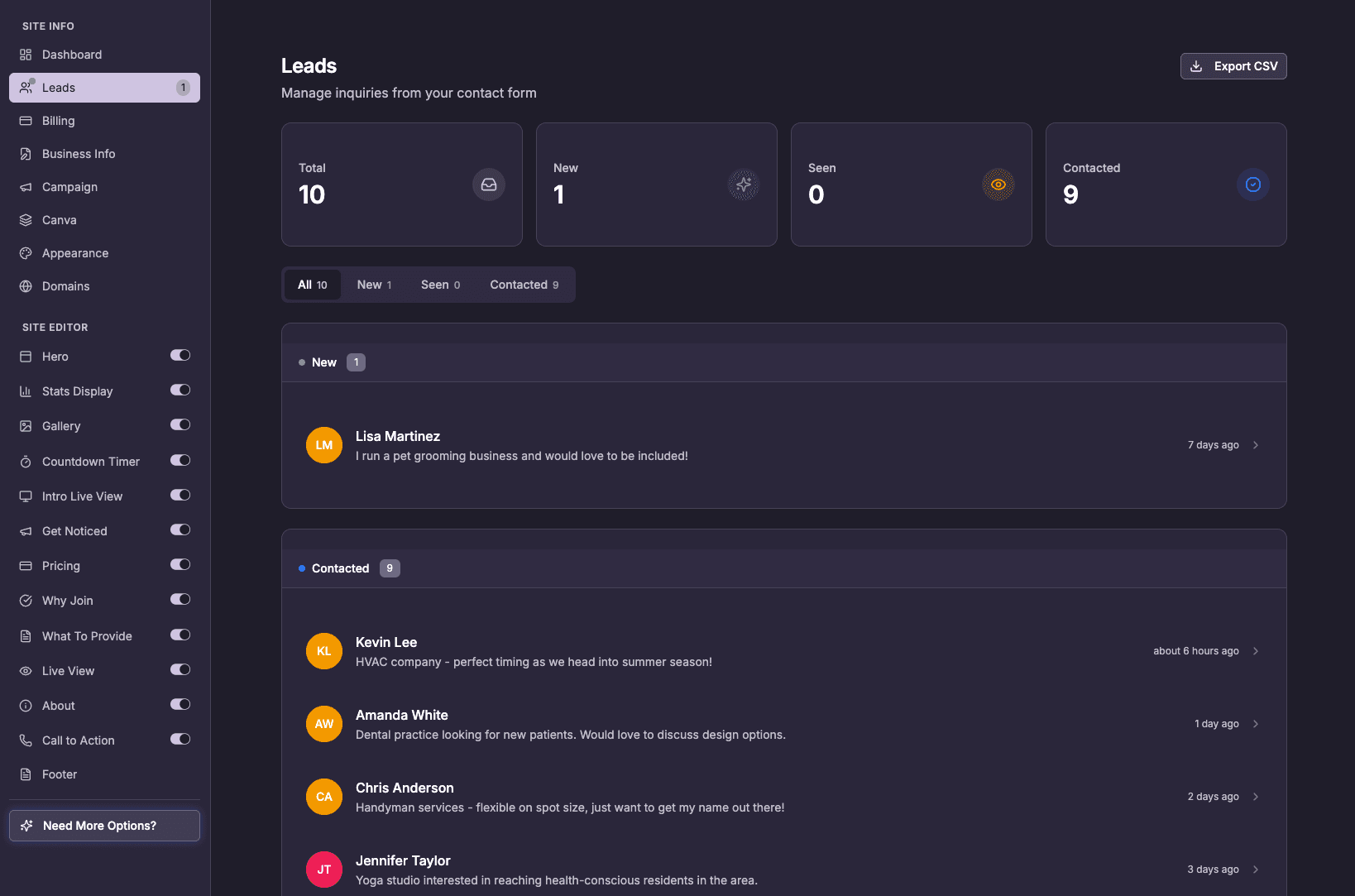 Leads dashboard overview showing stats and organized lead cards