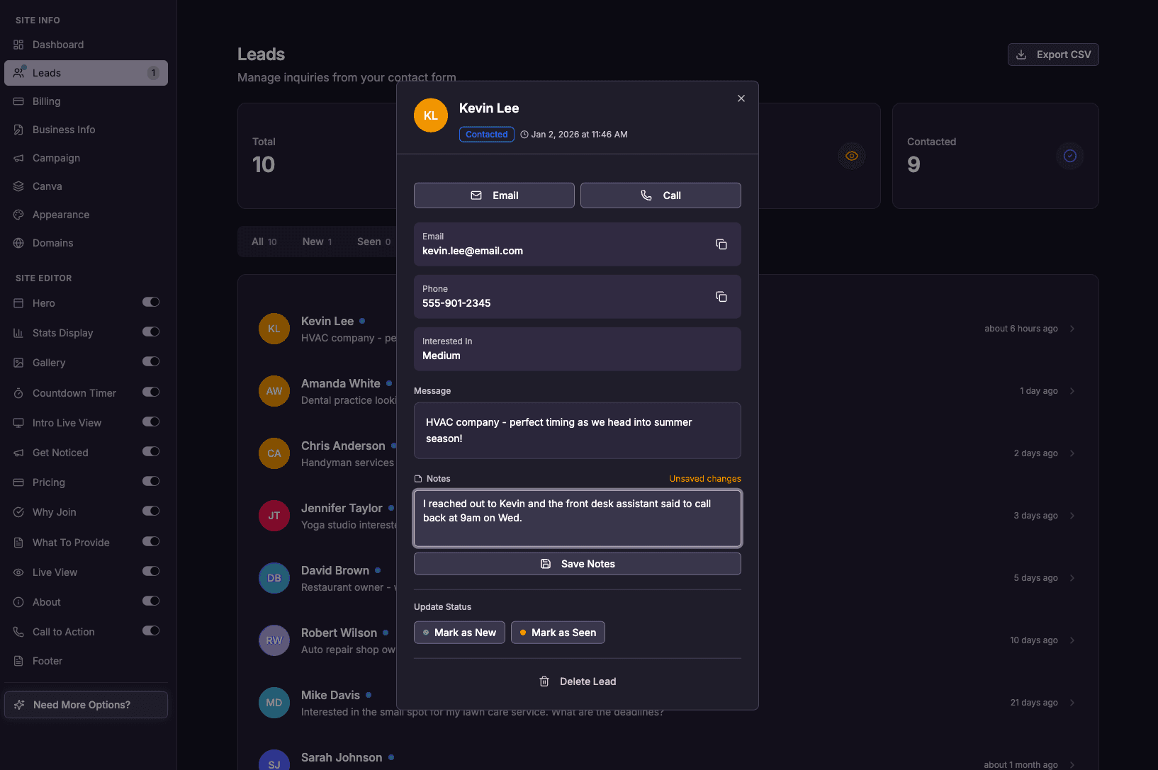 Lead detail view with contact information and quick actions